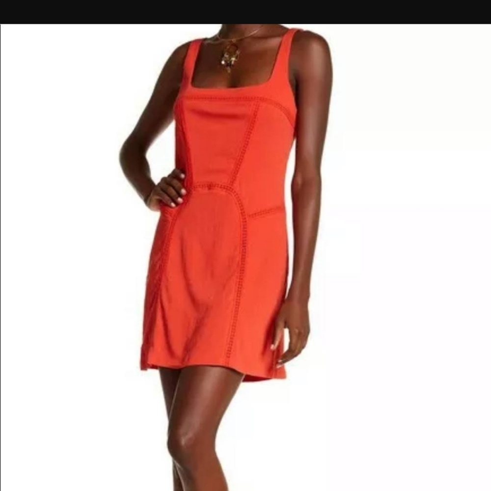 Free People Embroided Shift Mini Dress in Tomato Red